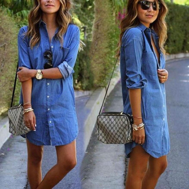 Blue Black Fashion Regular Sleeve Short Sleeve Turndown Collar Knee Length  Solid Denim Dresses | Denim dress, Fashion dresses online, Women's fashion  dresses